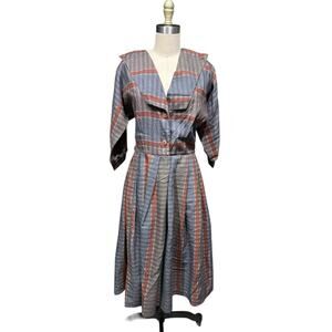 Strait Lane Neutrals Striped Shirt Dress 1/2 Sleeve Mid Length 1970s Secretary